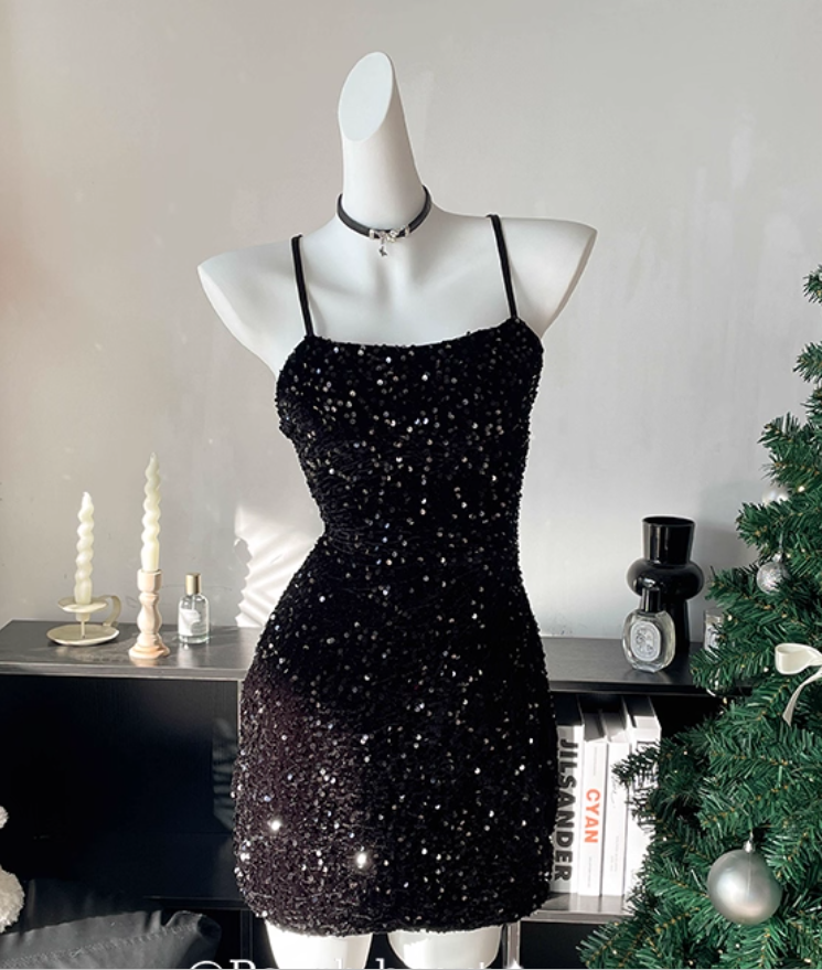 Sexy Backless Halter Sequin Cocktail Dress Black Sheath Short Party Dress Homecoming Dress cc3278