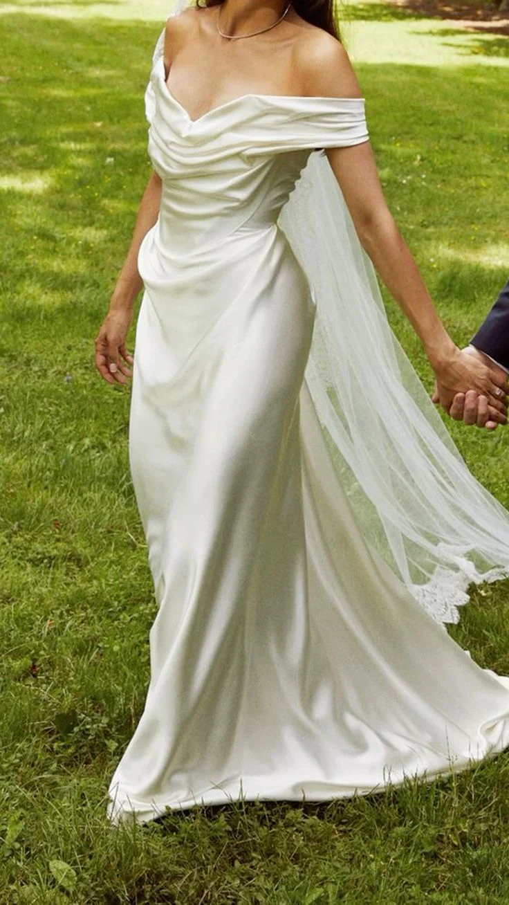 Elegant White Off The Shoulder Wedding Dress,Satin Pleated Mermaid Prom Evening Dress cc2471