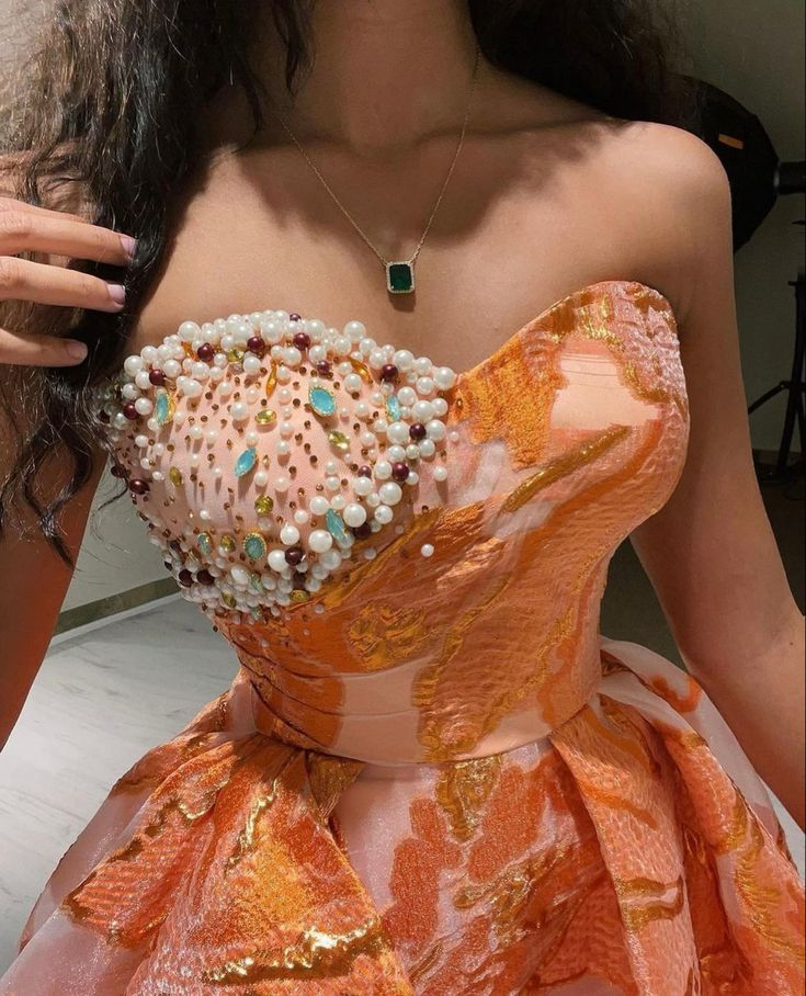 Luxurious Orange Tulle Print Floral Homecoming Dress Strapless Pearls Short Prom Dress cc2399