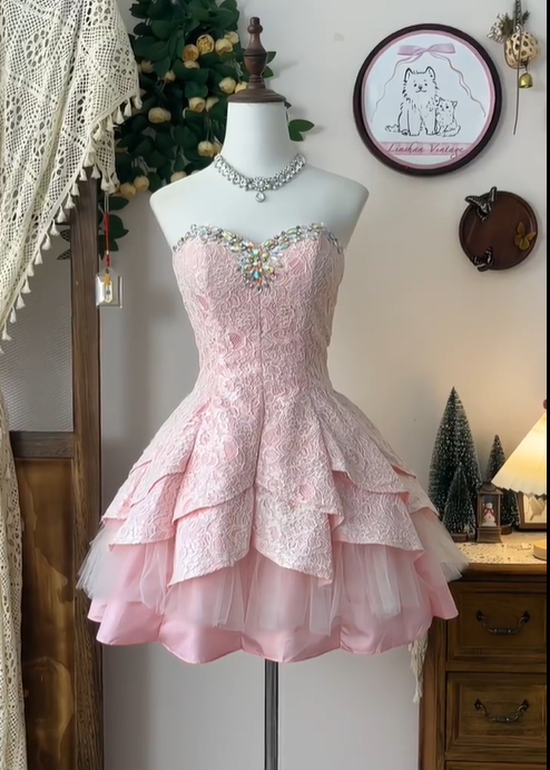 Gorgeous Pink Sweetheart Neck Lace A Line Homecoming Dress Formal Short Birthday Party Dress cc3259