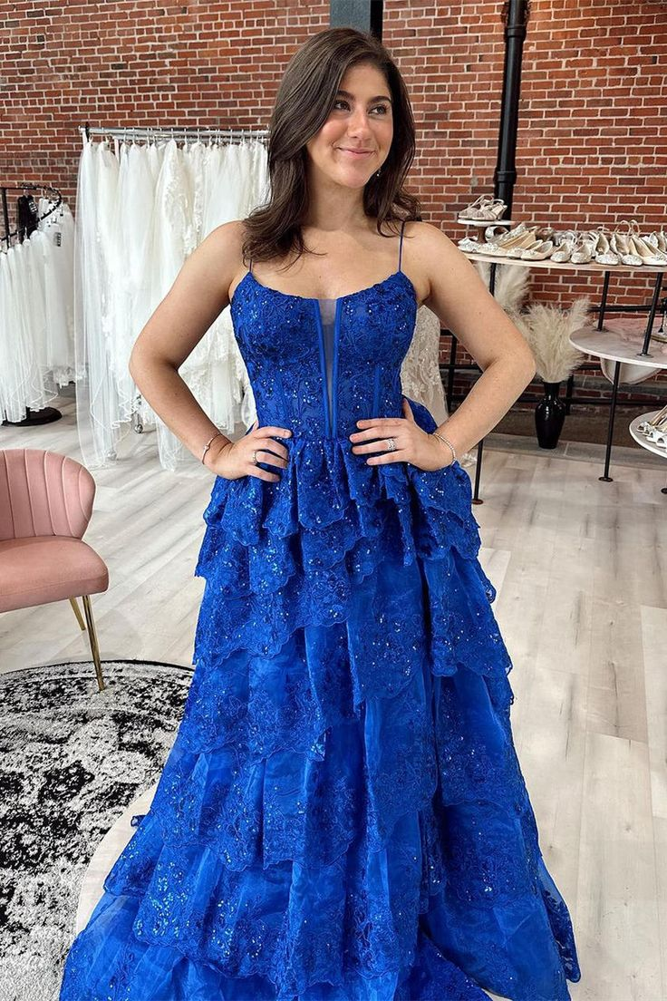 Royal Blue Straps Tiered A-Line Prom Dress with Sequins cc738