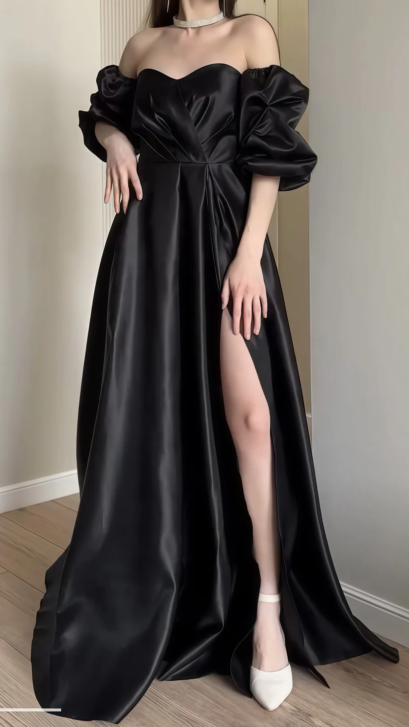 Pretty Black Off Shoulder Puff Sleeves Evening Dress,A Line Slit Party Gown cc2744