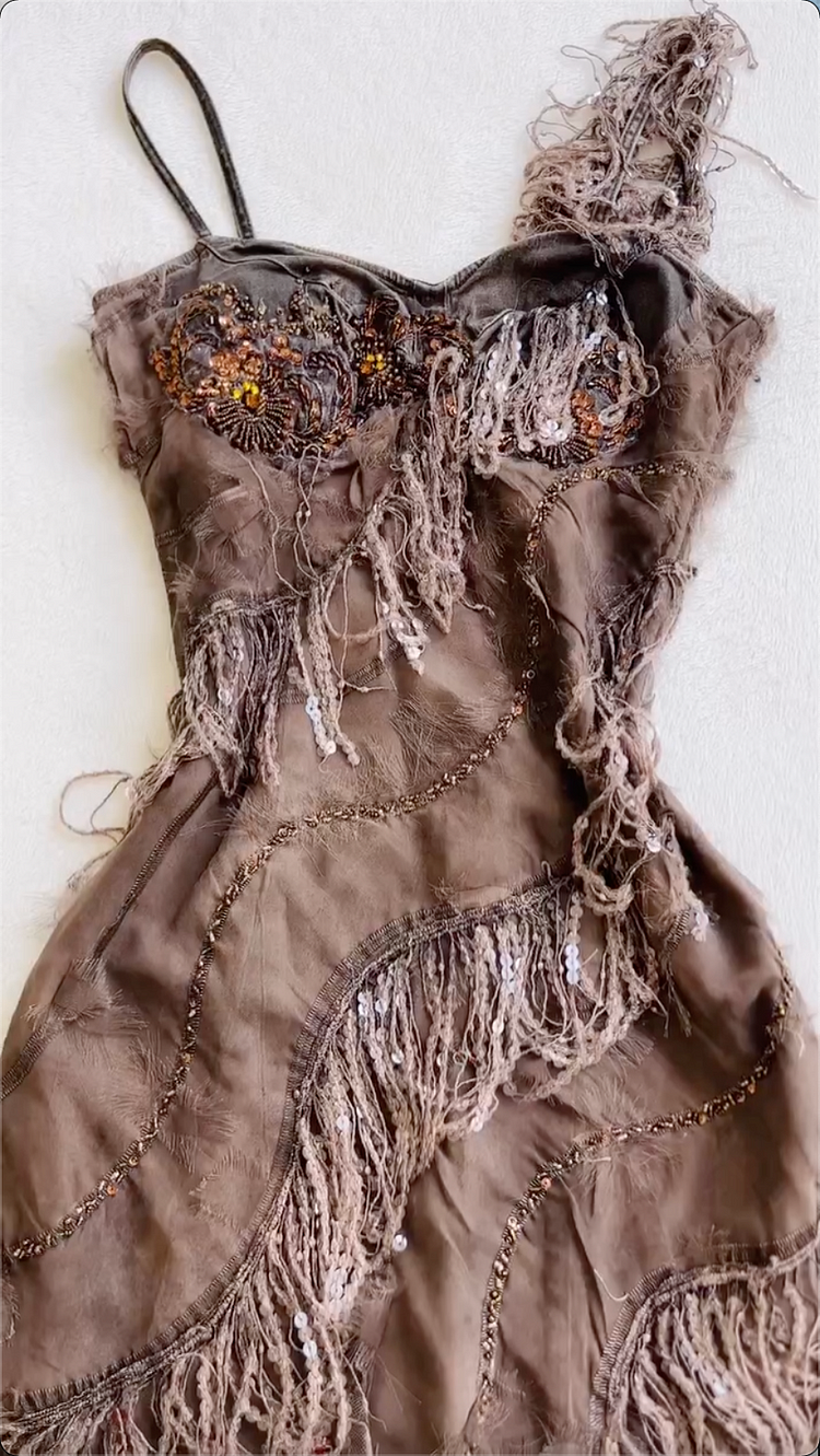 Vintage Brown Sequin Beaded Evening Dress,Formal Mermaid Prom Dress cc2765