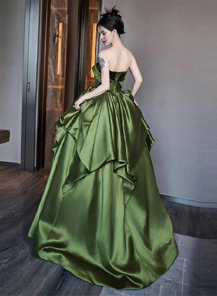 Classy Off The Shoulder Layered Pleated Ball Gown,Green A Line Prom Dress cc2483