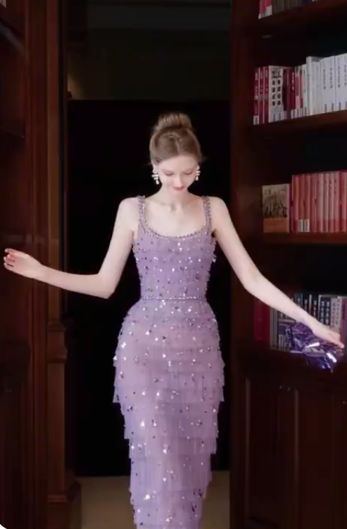 Gorgeous Lilac Sequins Evening Dress,Long Tulle Layered Prom Gown cc3010