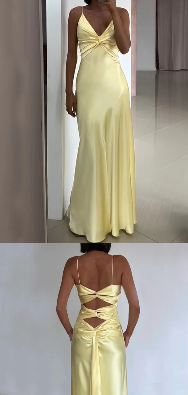 Sexy Spaghetti Strap Yellow Mermaid Satin Evening Prom Dress,Long Party Dress cc2960