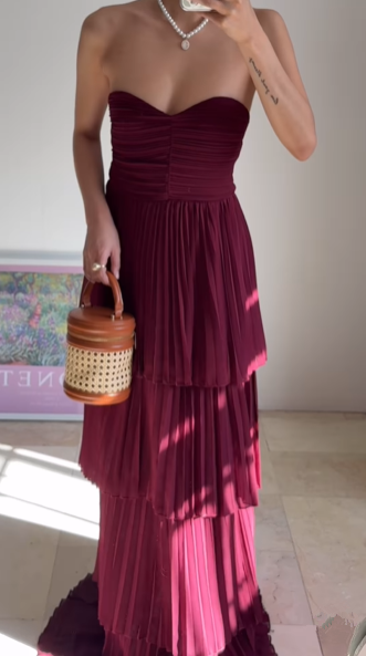 Vintage Burgundy Strapless Chiffon Layered A Line Prom Evening Dress,Long Party Dress cc2930