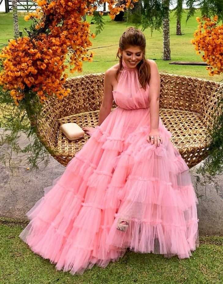 A Line Layered Pink Prom Dresses Long,Pink Formal Evening Dresses cc542