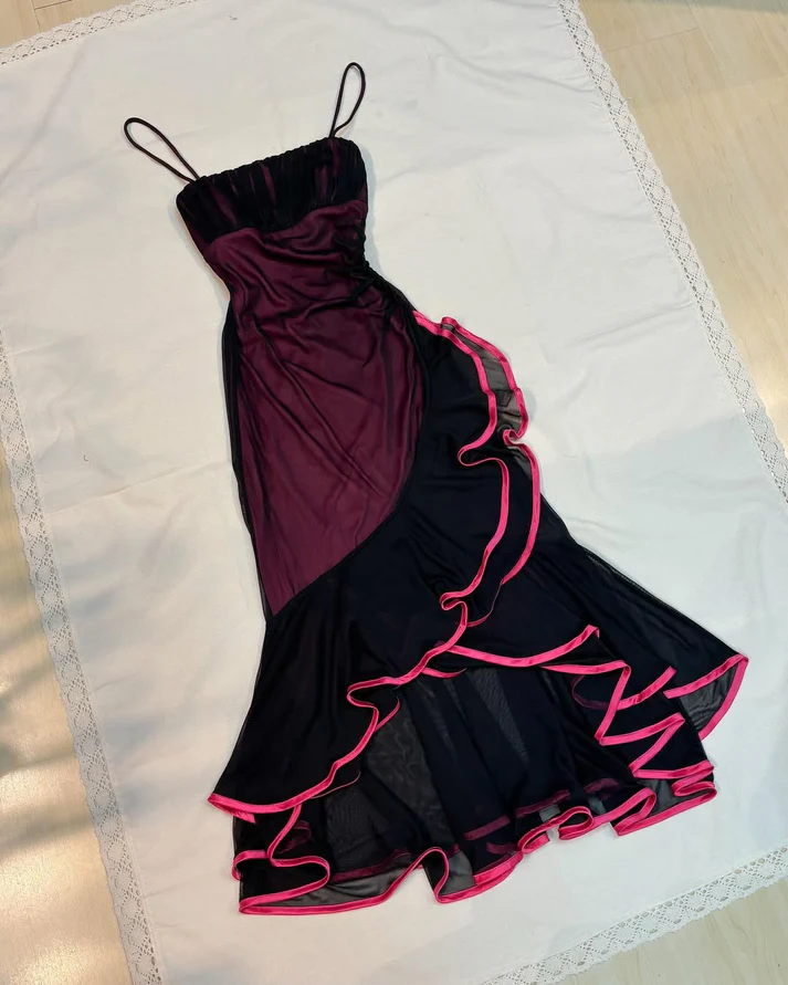 Vintage Straps Mermaid Ruffle Prom Dress Unique Chiffon Party Evening Gown cc2039