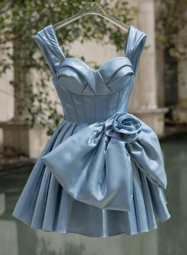 Classy Blue Satin A Line Short Homecoming Dress Birthday Outfits With Bow cc3134