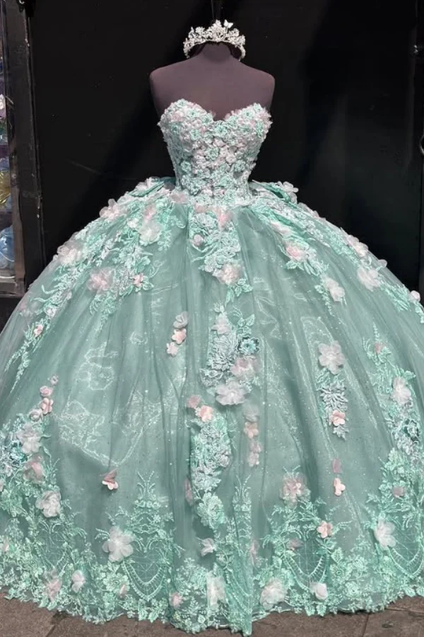 Luxury Sweet 16 Ball Gown Mint Green 3D Flower Appliques Tulle Quinceanera Dress Birthday Party Gown cc2685