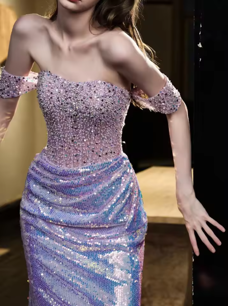 Glitter Sequins Beaded Mermaid Evening Dress,Lilac Off Shoulder Party Prom Dress cc2636