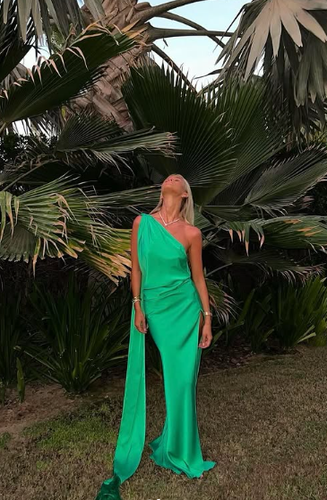 Sexy Green One Shoulder Satin Long Prom Dress,Formal Party Evening Gown cc2952