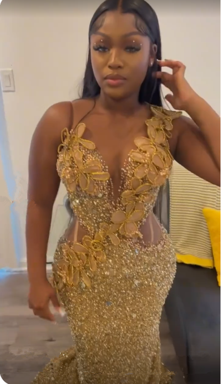 Gorgeous Gold Sequins Appliques Prom Dress Formal Mermaid Evening Dress cc2323