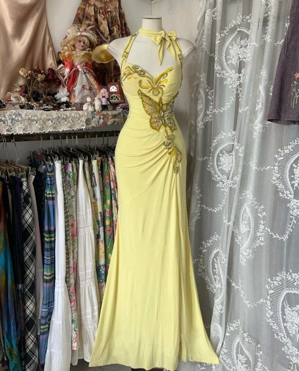 Elegant Yellow Halter Satin Beaded Sequins Evening Dress,Long Mermaid Party Prom Dress cc2999