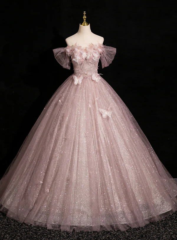 Pink Tulle Sequins Off the Shoulder Butterfly Flower Prom Dress Sweet Ball Gown cc2431