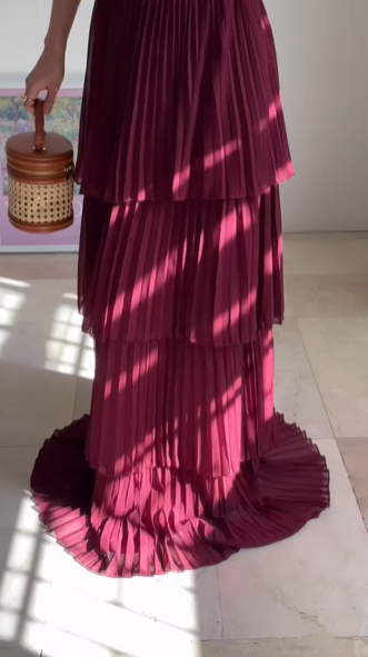 Vintage Burgundy Strapless Chiffon Layered A Line Prom Evening Dress,Long Party Dress cc2930