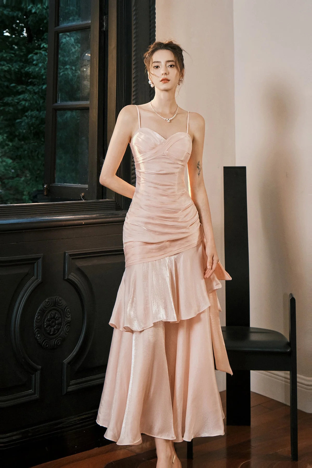 Elegant Pink Mermaid Evening Dress,Spaghetti Straps Satin Tiered Prom Dress cc2559