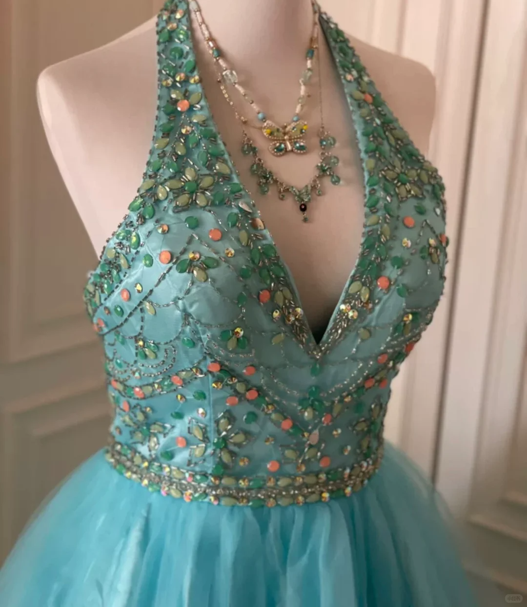 Vintage Blue Halter Tulle Beaded A Line Short Party Dress Formal Homecoming Dress cc3174