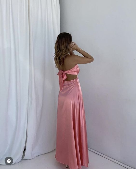 Sexy Backless Pink A Line Satin Evening Dress Long Prom Party Dress cc1839