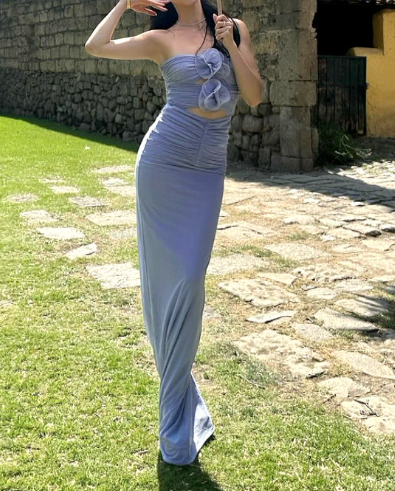 Chic Strapless Purple Sheath Prom Dress Long Party Dress With Flowers cc2051