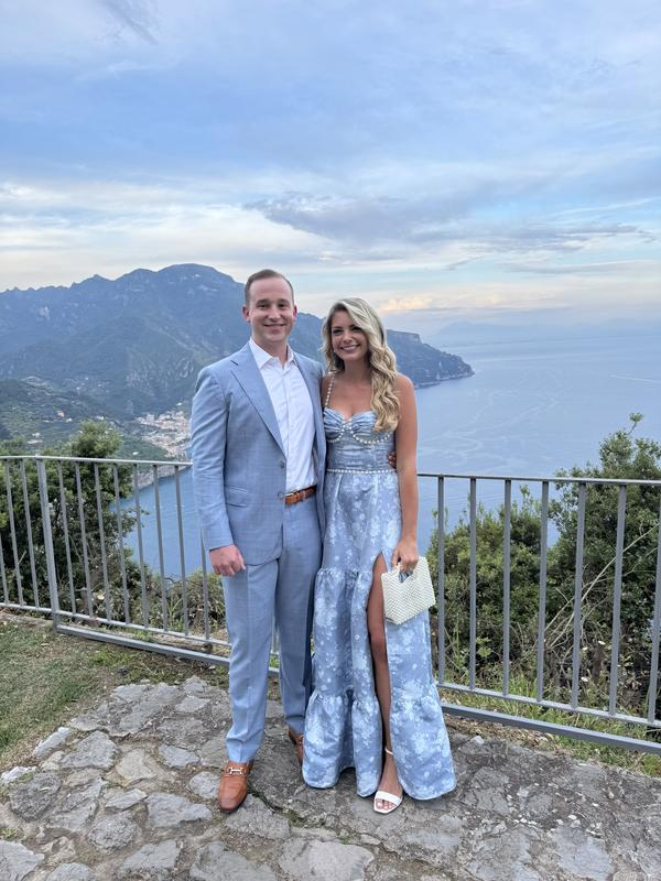 Gorgeous Blue Satin Print Floral Pearls Beaded Evening Dress, A Line Slit Party Prom Dress cc2903