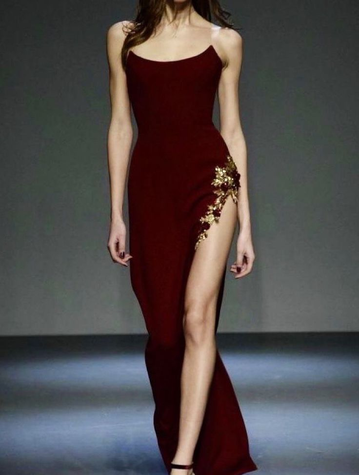 Unique Burgundy Strapless Satin Sheath Slit Evening Dress Prom Dress With Appliques cc1927