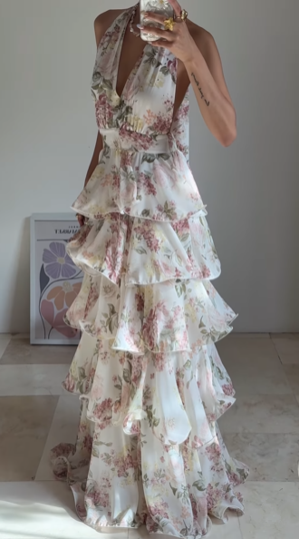 Gorgeous Halter Chiffon Print Floral Layered Evening Dress,Back A Line Prom Party Dress cc2928