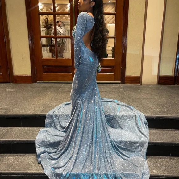 Beautiful Blue Satin Appliques Mermaid Evening Gown,Shiny Formal Prom Dress cc2476