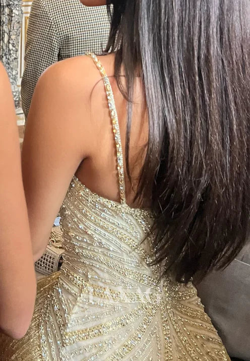 Gorgeous Gold Fitted Spaghetti Strap Sequined Tassel Long Prom Dress Evening Dress cc5032