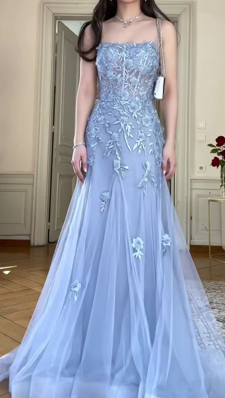 Charming Blue Mermaid Tulle Appliques Evening Dress,Long Prom Party Dress cc2585
