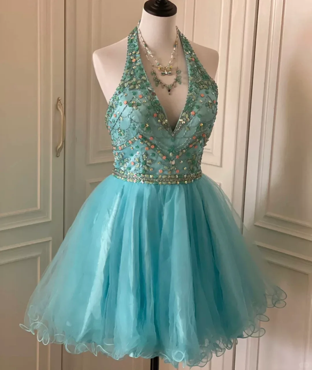 Vintage Blue Halter Tulle Beaded A Line Short Party Dress Formal Homecoming Dress cc3174