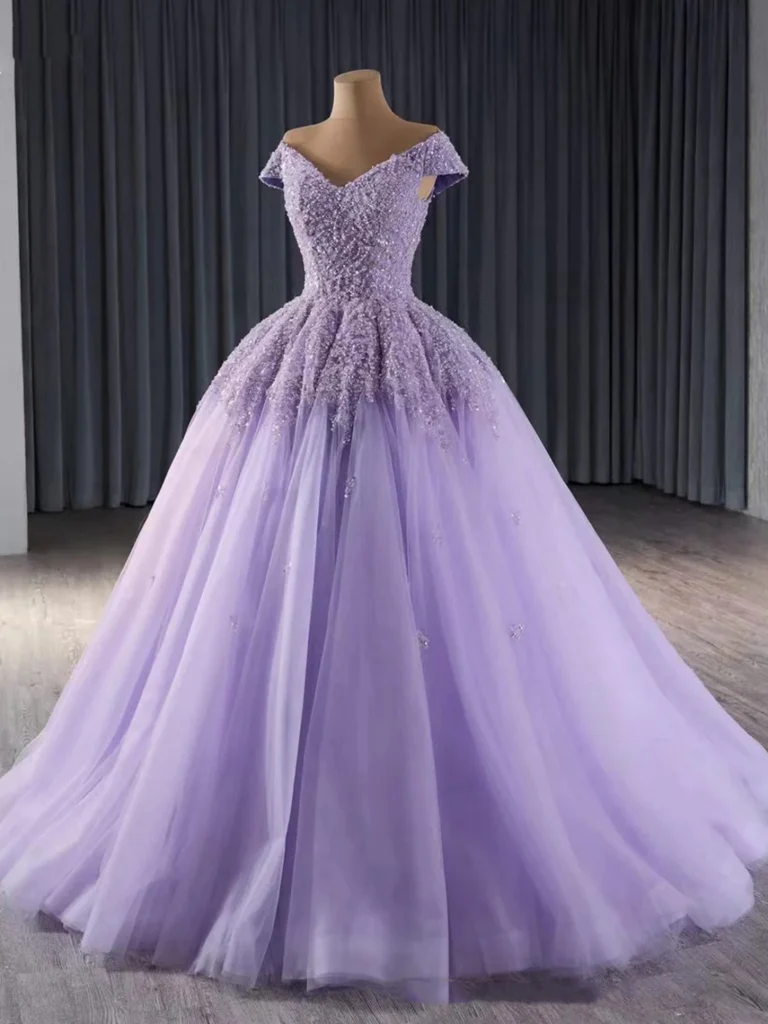 Shiny Off Shoulder Purple Sequins Beaded Long Tulle Quinceanera Dress Formal Ball Gown cc1964