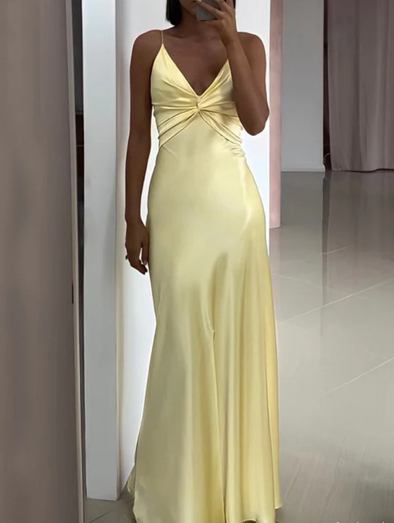 Sexy Spaghetti Strap Yellow Mermaid Satin Evening Prom Dress,Long Party Dress cc2960