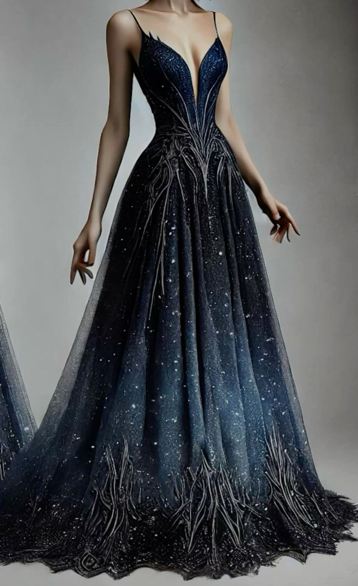 Unique Tulle Sequins Appliques Prom Dress,Navy Blue A Line Party Evening Gown cc2849