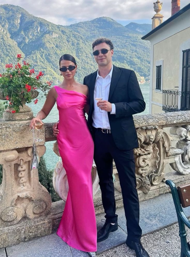 Sexy One Shoulder Long Prom Evening Gown Hot Pink Satin Party Dress cc2415