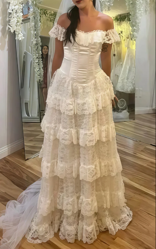 Classy Off The Shoulder Satin Lace Tiered Wedding Dress,White Prom Evening Dress cc2515