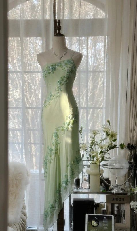Glamorous Light green Chiffon Beaded Mermaid Evening Dress,One Shoulder Party Prom Dress cc2994