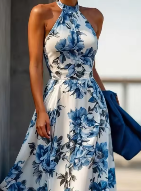 Vintage Satin Print Floral Sleeveless Party Evening Dress,Blue A Line Prom Dress cc2917