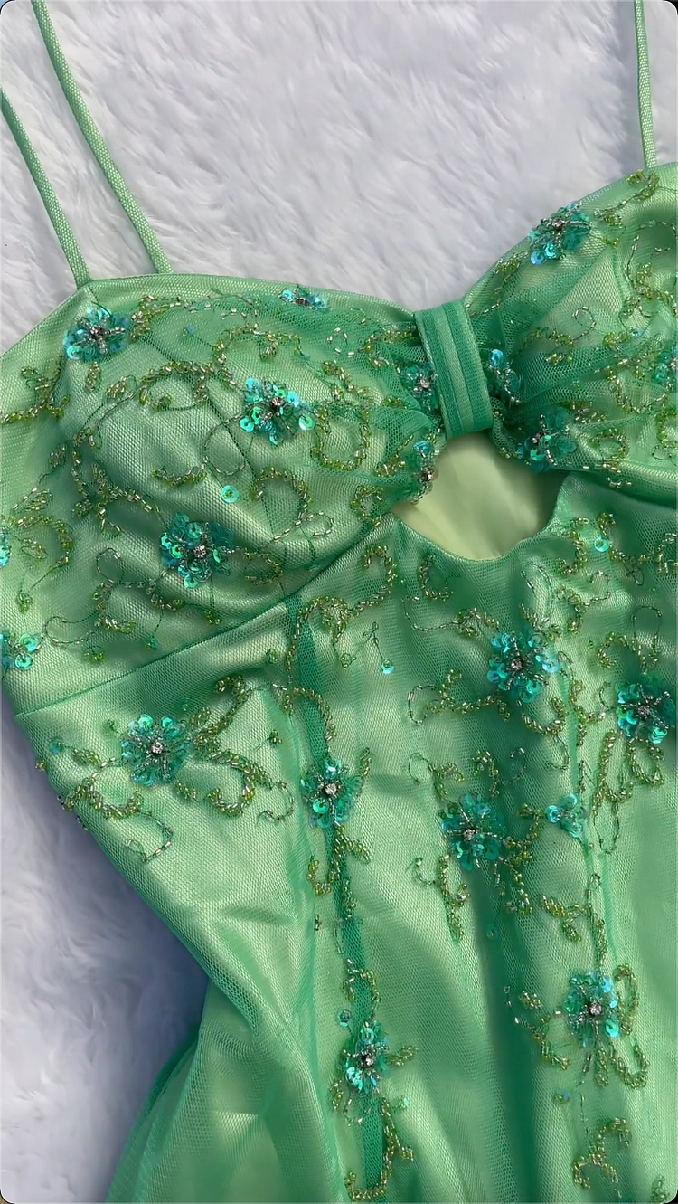 Pretty Green Satin Tulle Sequins Beaded Prom Dress,A Line Long Evening Dress cc2763