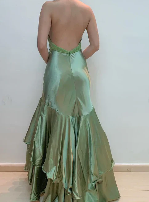 Elegant Green Halter Backless Beading Mermaid Layered Prom Dress Long Evening Dress cc3035