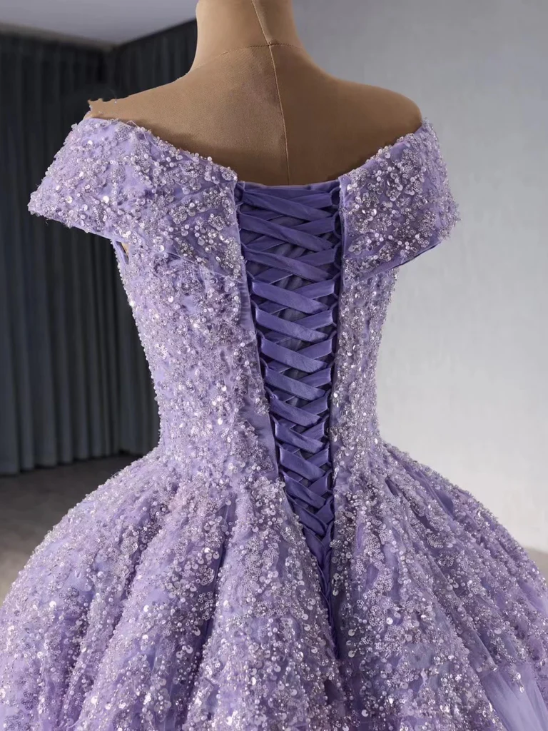 Shiny Off Shoulder Purple Sequins Beaded Long Tulle Quinceanera Dress Formal Ball Gown cc1964