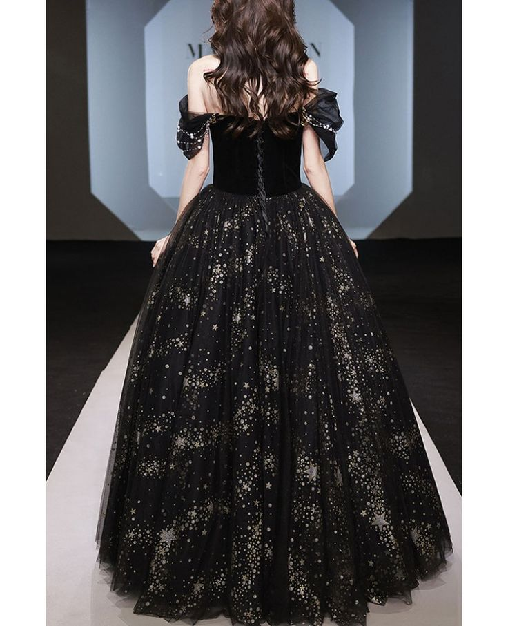 Classy Off Shoulder Black Tulle Sequins Ball Gown Gothic A Line Prom Dress cc2424