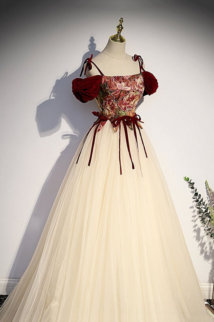 Vintage Spaghetti Straps Tulle A Line Ball Gown Champagne Formal Prom Dress cc2443