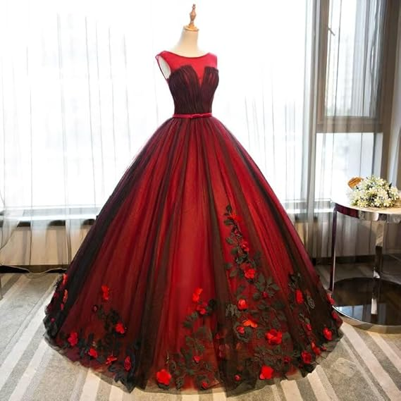 Black And Red Tulle Satin Appliques Sweet 16 Ball Gown Quinceanera Dress cc2215
