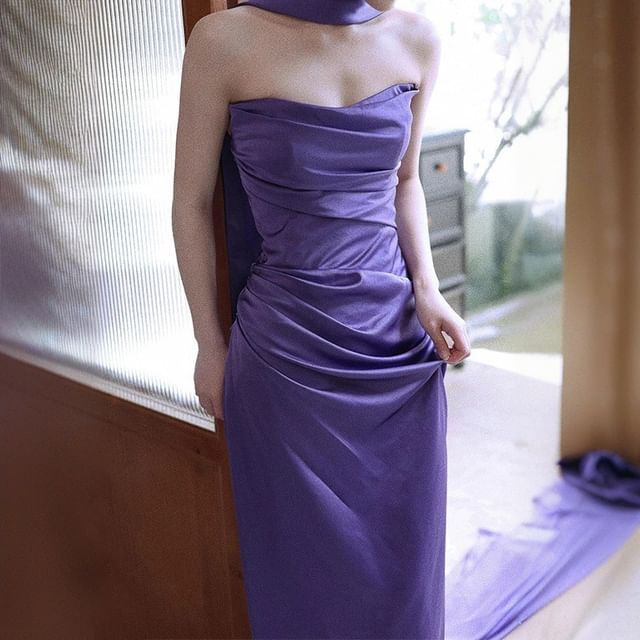 Purple Strapless Ruched Sheath Evening Dress Long Party Gown cc2228