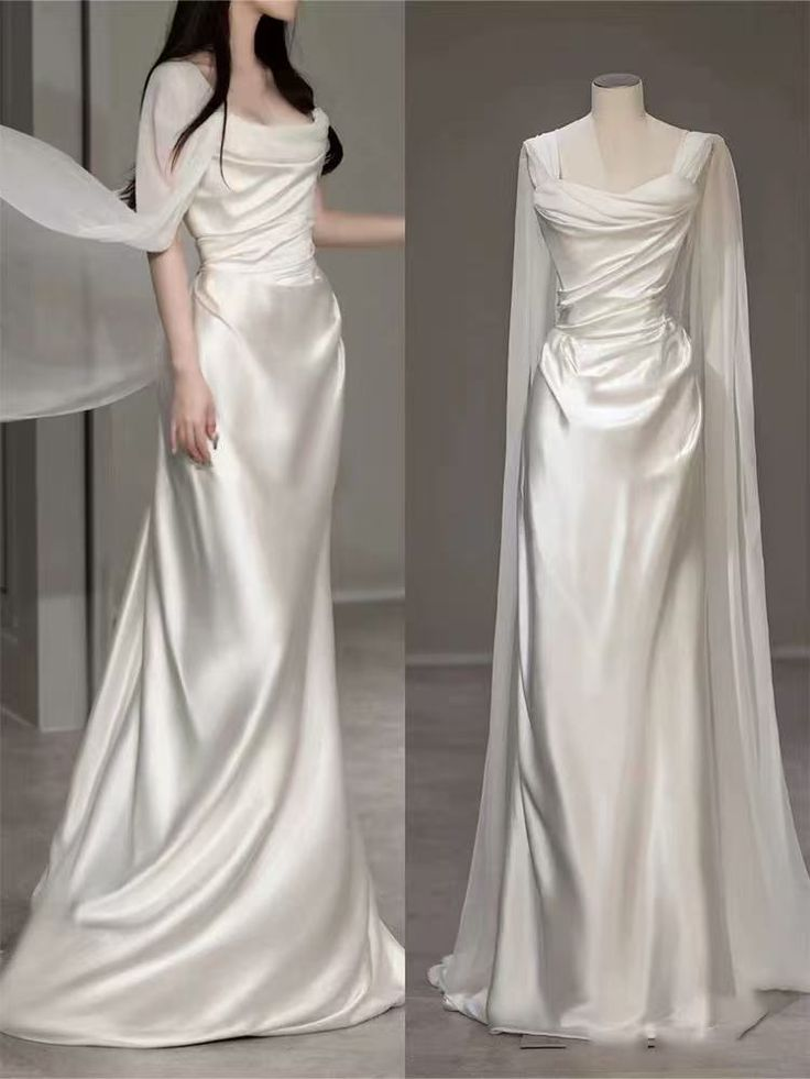 White Satin Pleated Straps Wedding Dress,Elegant Prom Evening Dress cc2662