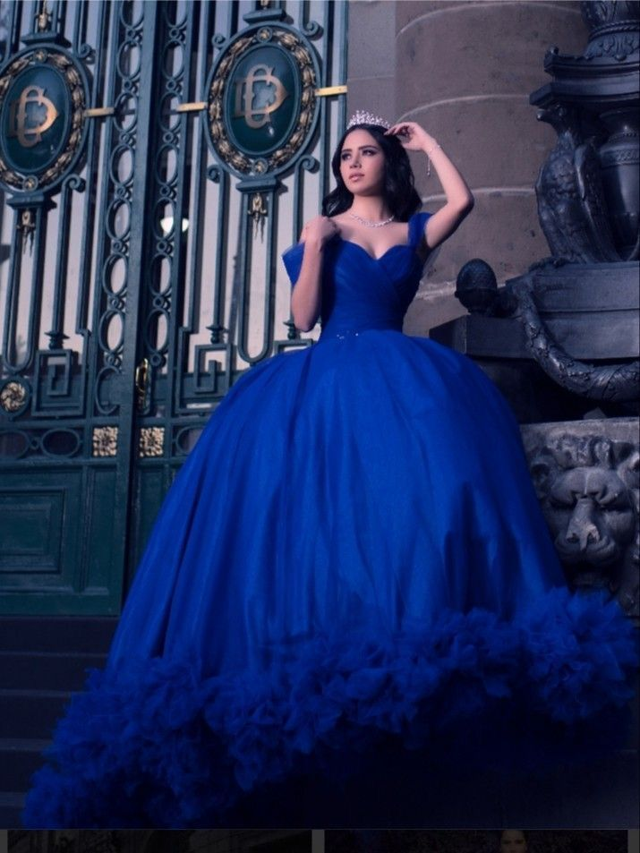 Off Shoulder Ball Gown Women Royal Blue Ruffle Princess Sweet 16 Dress cc72