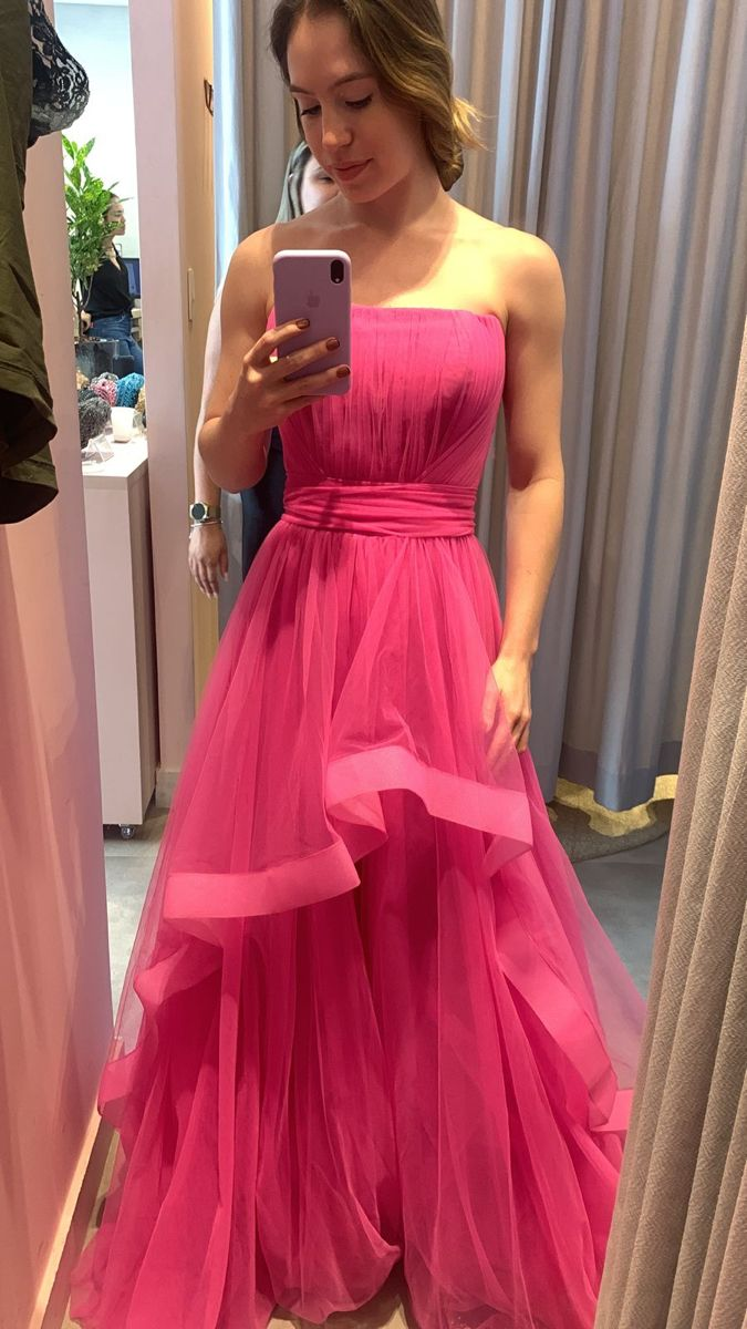 Elegant Hot Pink Strapless A-line Evening Dress,Princess Dress cc712