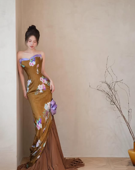 Vintage Satin Print Floral Mermaid Prom Dress,Strapless Long Party Evening Dress cc2981